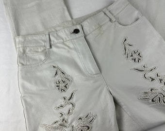 90&#39;s Glam White Leather Cutout Pants Straight Leg Boot Cut Low Rise Mid Rise Vintage