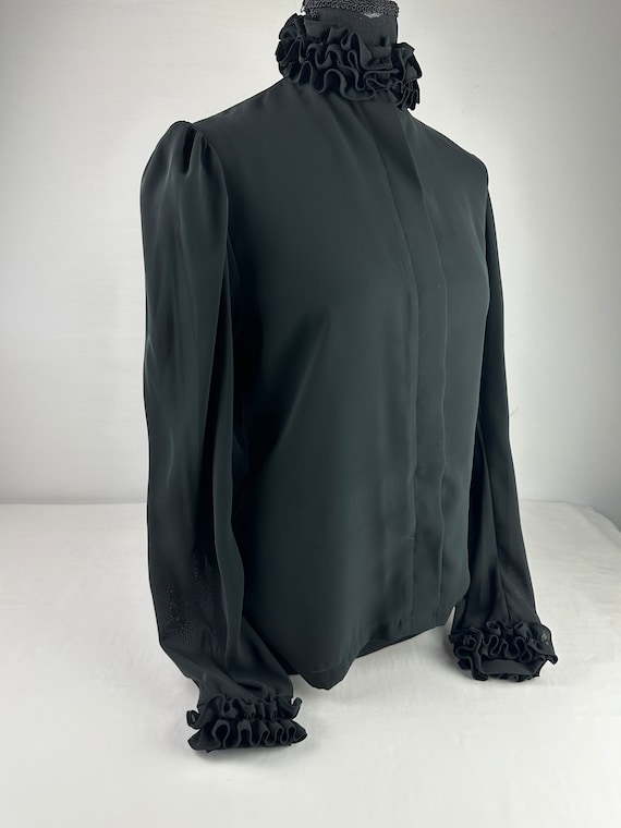 Vintage Black Chiffon Blouse 90's Ruffle Collar - image 6