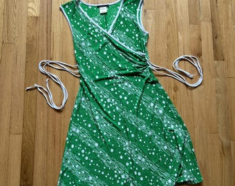 80's Grass Green Geometric Print Wrap Midi Dress Vintage
