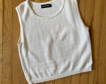 90's Halston White Knit Sweater Tank Vintage