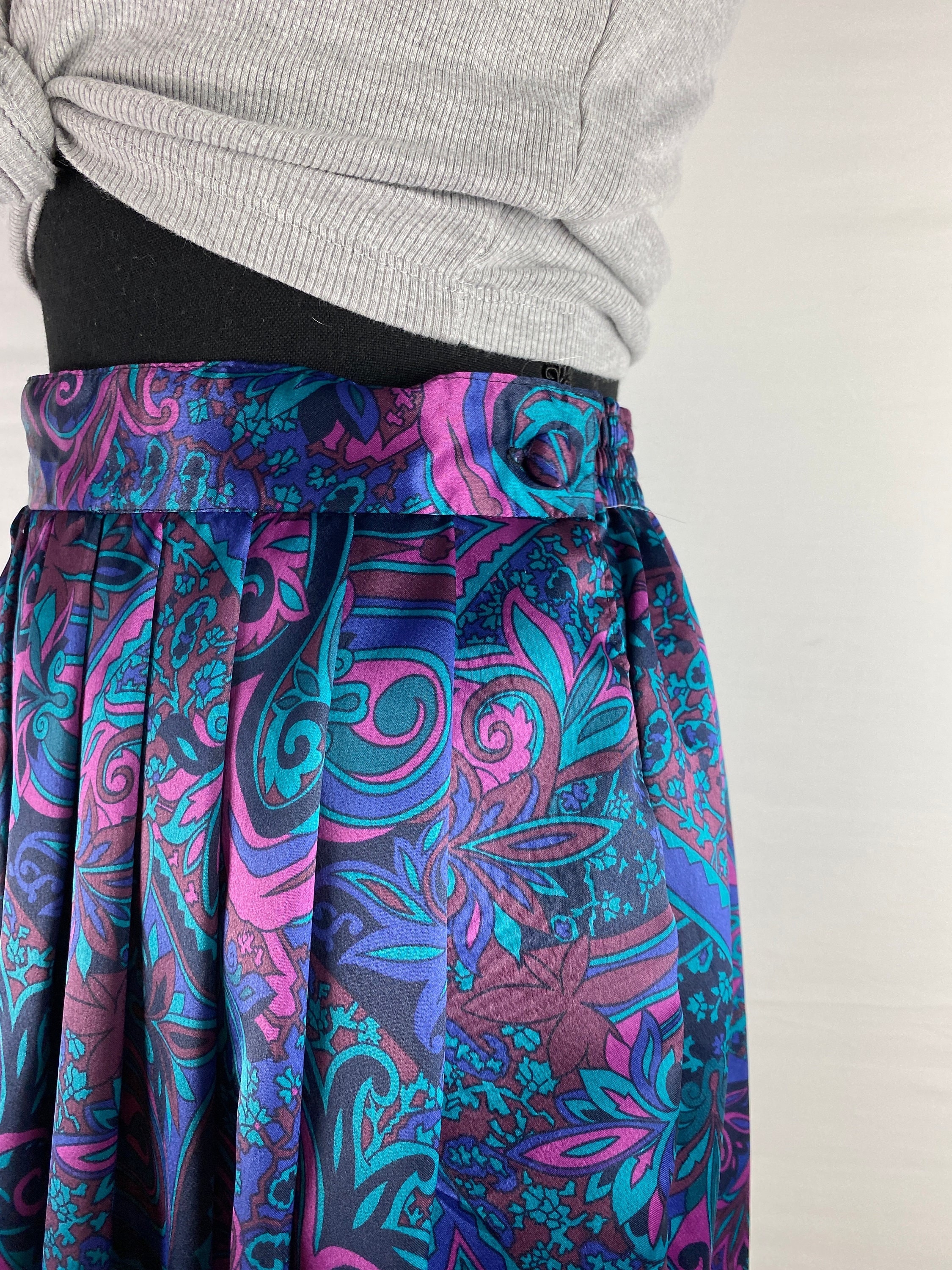Jupe Vintage Turquoise Brodée Taille 38 - Satin Doublé - Style Évasé Années 70