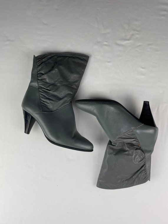 Fur-Lined Gray Leather Heeled Ankle Boots