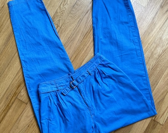 Calças plissadas azul royal dos anos 90, cintura alta, relaxadas, vintage