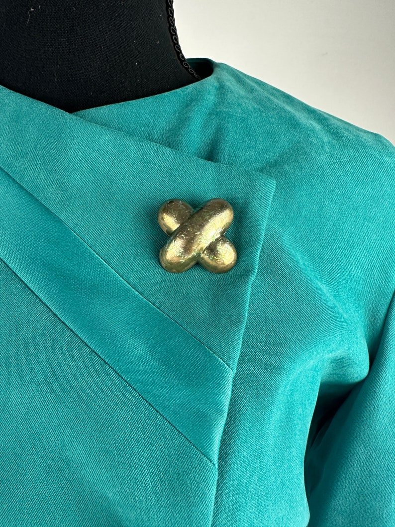 90's Turquoise Asymmetrical Slim Fit Blazer Big Gold Buttons Vintage image 4