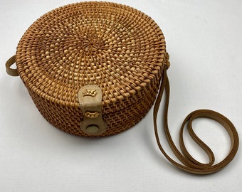 Round Woven Basket Purse Rattan Crossbody BoHo