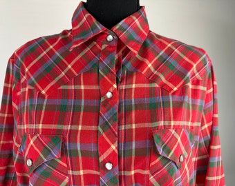 80's Plaid Western Cowgirl Pearl Snap Blouse Vintage Red Shirt