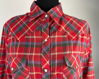 80er Jahre kariertes Western Cowgirl Perlen Druckknopf Bluse Vintage rotes Hemd