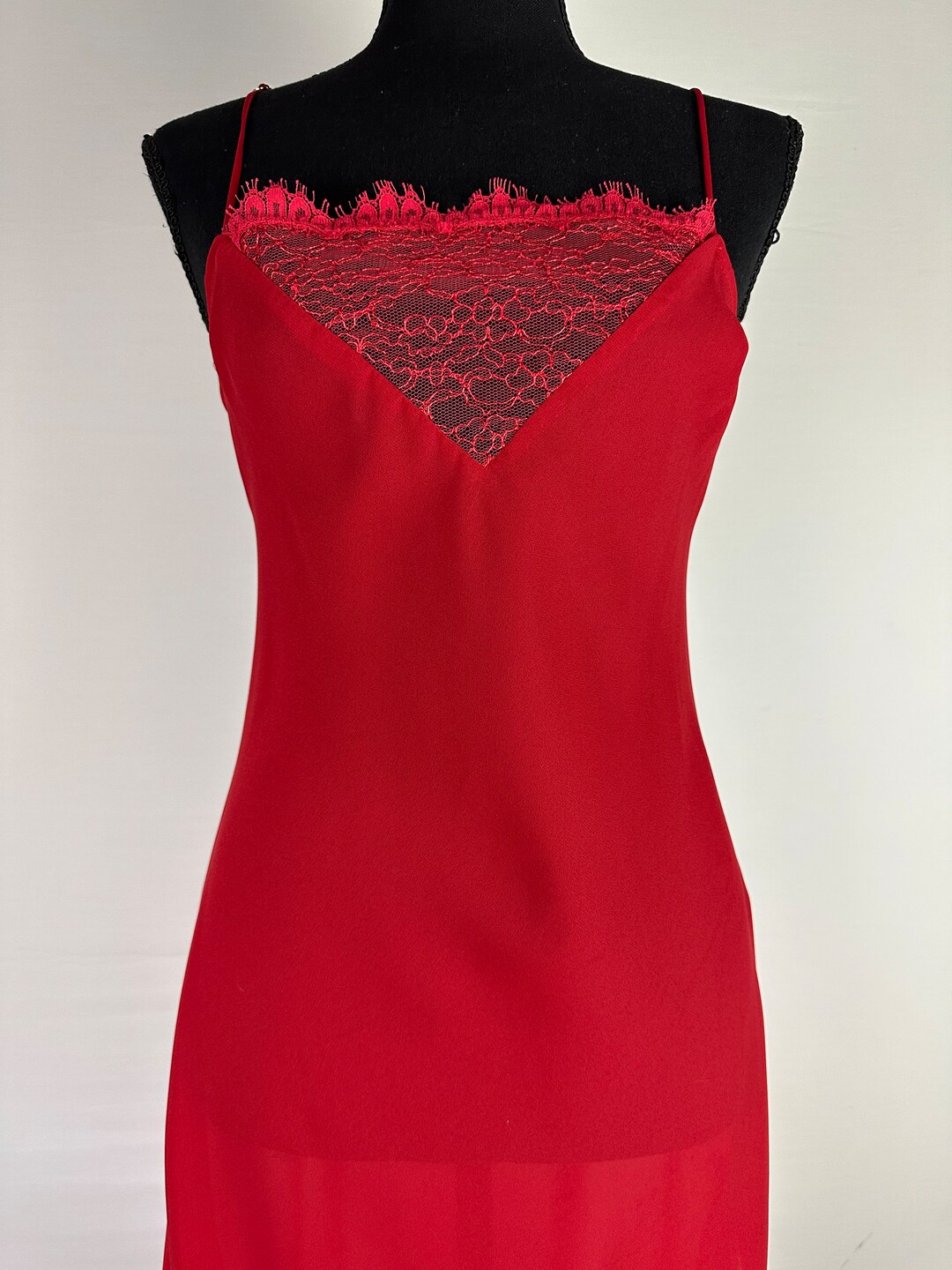 90’s Red Satin Rhinestone Halter Gown with Fish Tail Train Detail by Ignite Evening