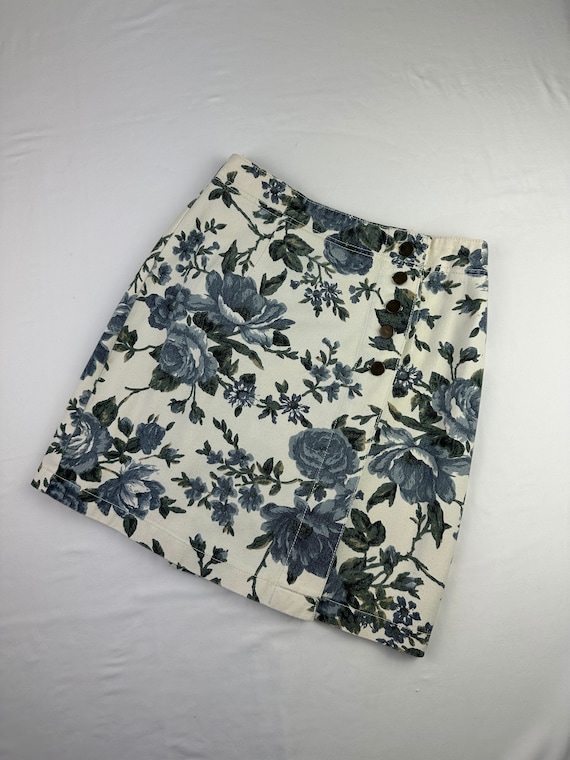 90's Floral Denim Jean Wrap Mini Skirt