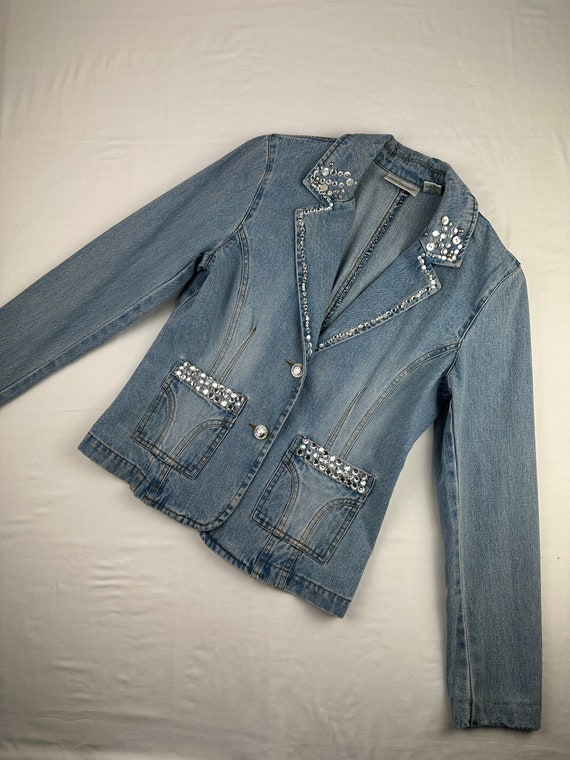 90's Glam Denim Rhinestone Embellished Jacket Bla… - image 1