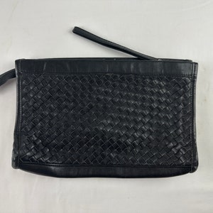 90&#39;s Black Woven Leather Wristlet Clutch Purse Vintage