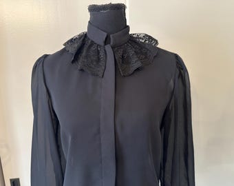 80's Sheer Black Blouse Victorian Ruffle Collar Vintage