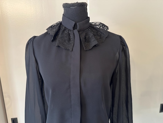 80's Sheer Black Blouse Victorian Ruffle Collar Vintage