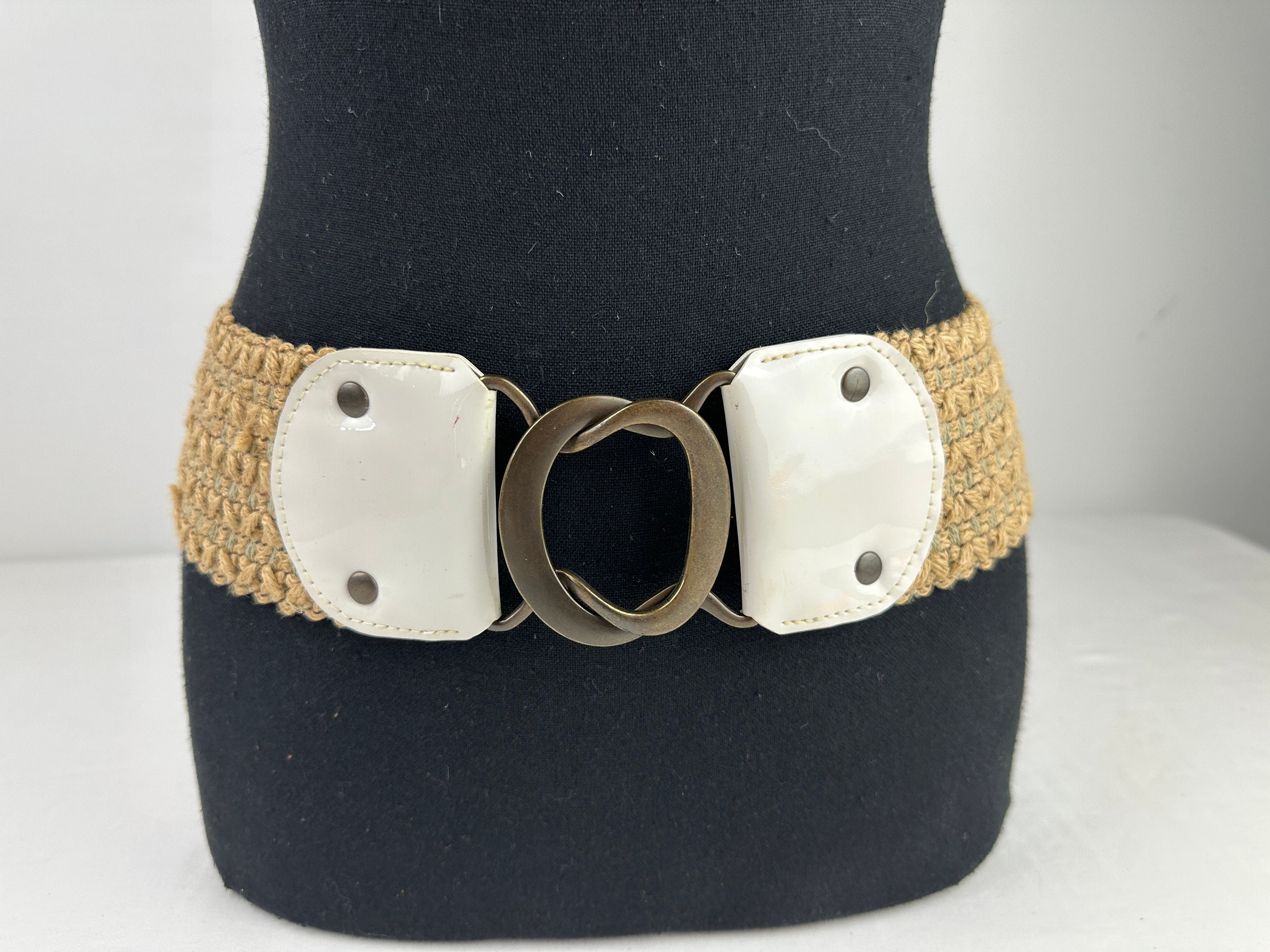 90s vintage white/tan wide straw patent leather belt/reptile embossed Vero Pitone Women Belt Python Rare Durable Leather Lining  main image 2