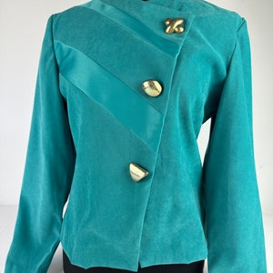 90's Turquoise Asymmetrical Slim Fit Blazer Big Gold Buttons Vintage image 7