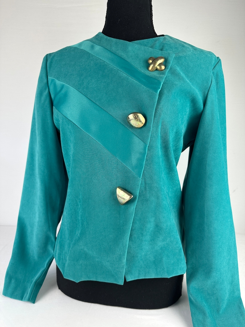 90's Turquoise Asymmetrical Slim Fit Blazer Big Gold Buttons Vintage image 7