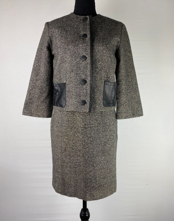 Wool Tweed Skirt Suit Brown Herringbone Vintage 9… - image 2