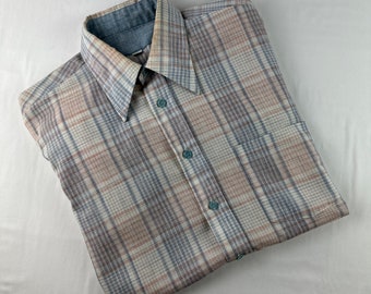 Camisa Oxford de cuello puntiagudo a cuadros de los años 70 16 32/33 Botón hacia abajo Vintage