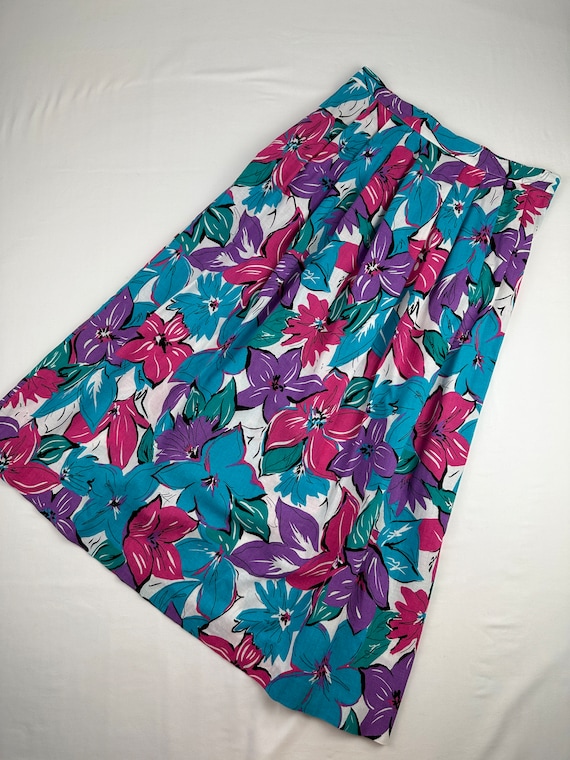 80's Floral Pleated Midi Skirt Vintage - image 2