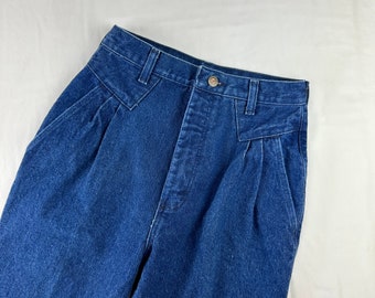 80&#39;s Yoke Pleated Front Wrangler Jeans Vintage Dark Wash Long High Rise Western Denim 35&quot; Inseam Made in USA