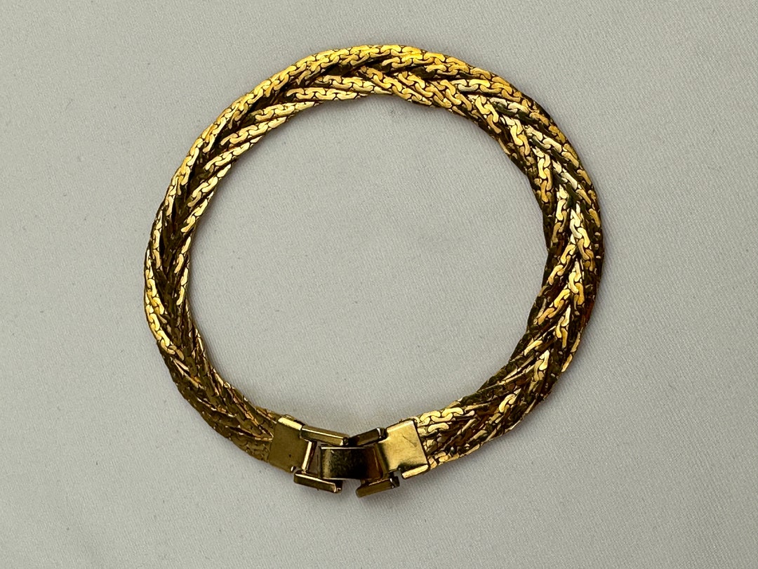 90's Gold Tone Braided Herringbone Bracelet Vintage Etsy