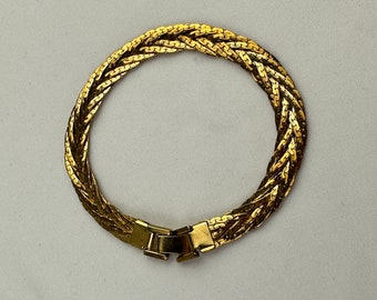 90's Gold Tone Braided Herringbone Bracelet Vintage