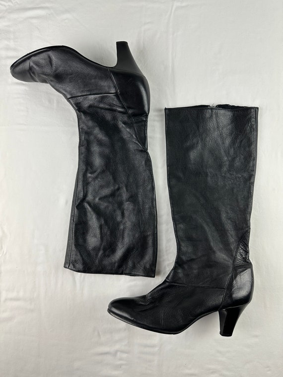 Black Leather Calf High Heel Boots Vintage Y2K 2000's… Gem