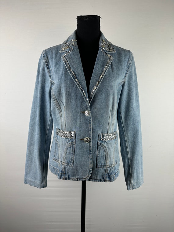 90's Glam Denim Rhinestone Embellished Jacket Bla… - image 5