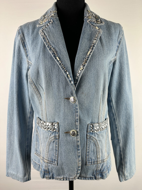 90's Glam Denim Rhinestone Embellished Jacket Bla… - image 2