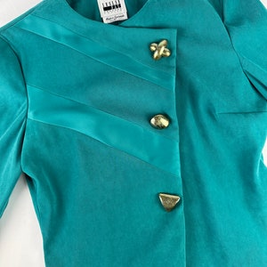 90's Turquoise Asymmetrical Slim Fit Blazer Big Gold Buttons Vintage image 3