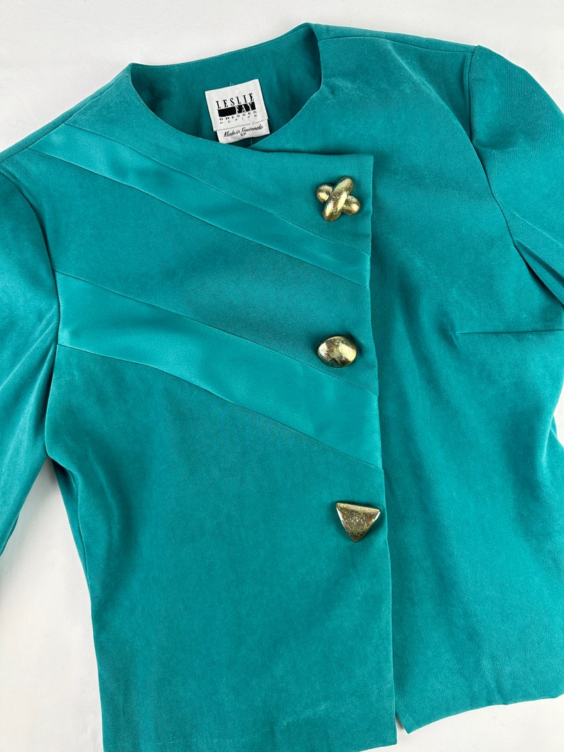 90's Turquoise Asymmetrical Slim Fit Blazer Big Gold Buttons Vintage image 3