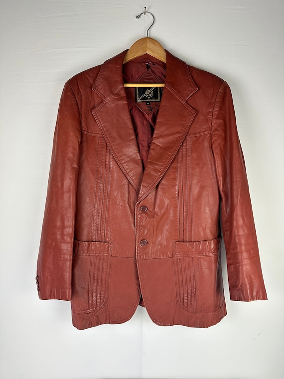 70's Sienna Brown Leather Blazer Coat Vintage - image 2