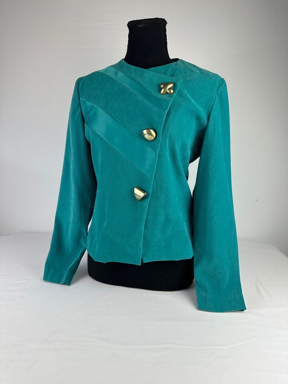 90's Turquoise Asymmetrical Slim Fit Blazer Big Gold Buttons Vintage