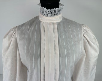 Jaren '80 Lichtroze Prairie Ruffle Kraag Puff Mouw Blouse Vintage