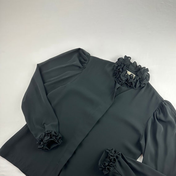 Vintage Black Chiffon Blouse 90's Ruffle Collar - image 1