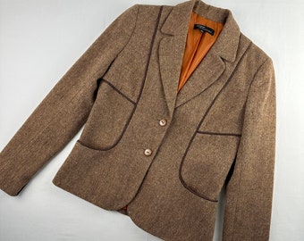 80's Brown Tweed Blazer Piping Detail Tailored Vintage