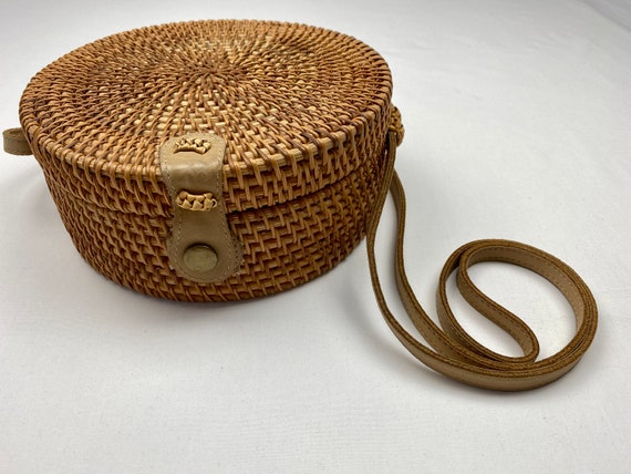 Round Woven Basket Purse Rattan Crossbody BoHo - image 2