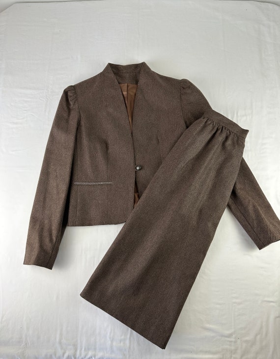 80's Brown Skirt Suit Vintage Cropped Puff Shoulde
