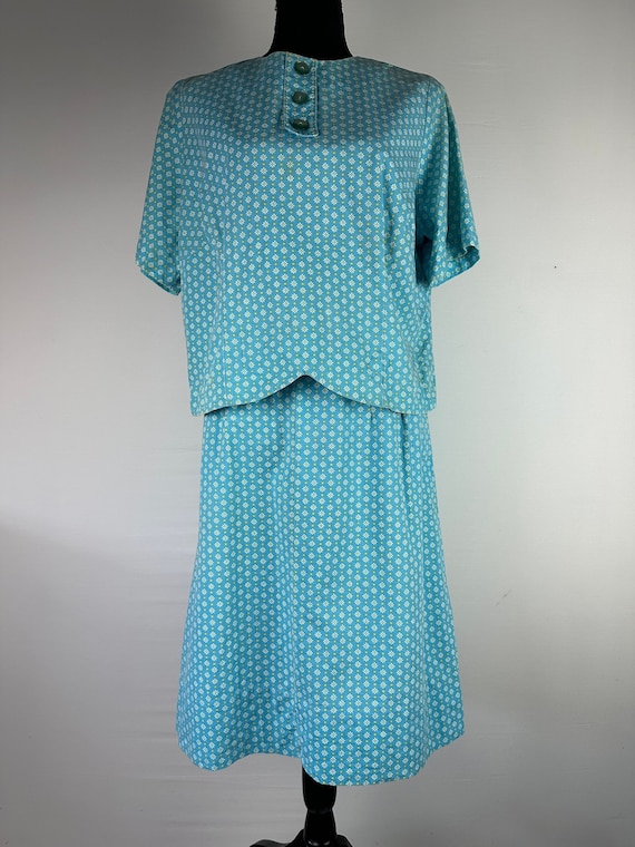 60's Mod Aqua Floral Skirt Blouse Summer Set