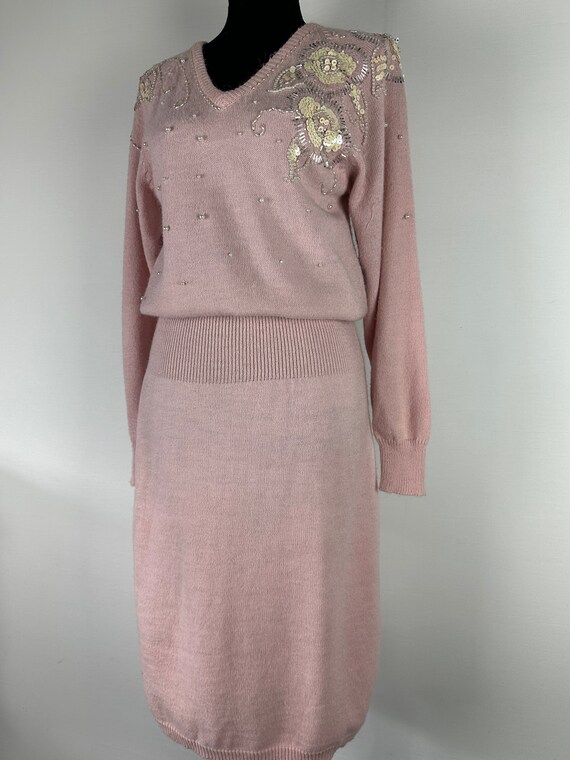 80's Glam Pale Pink Sweater Dress Sequin Bead Embe