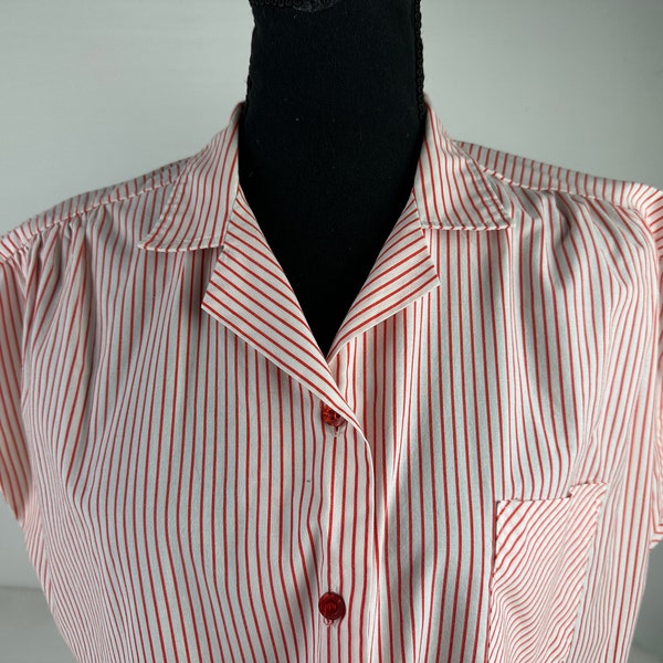 80's Red Pinstripe Button Down Blouse Vintage