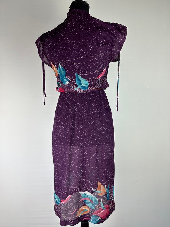 70's Sheer Eggplant Floral Dress Vintage - image 4