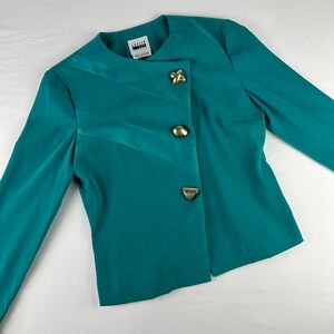 90's Turquoise Asymmetrical Slim Fit Blazer Big Gold Buttons Vintage image 2