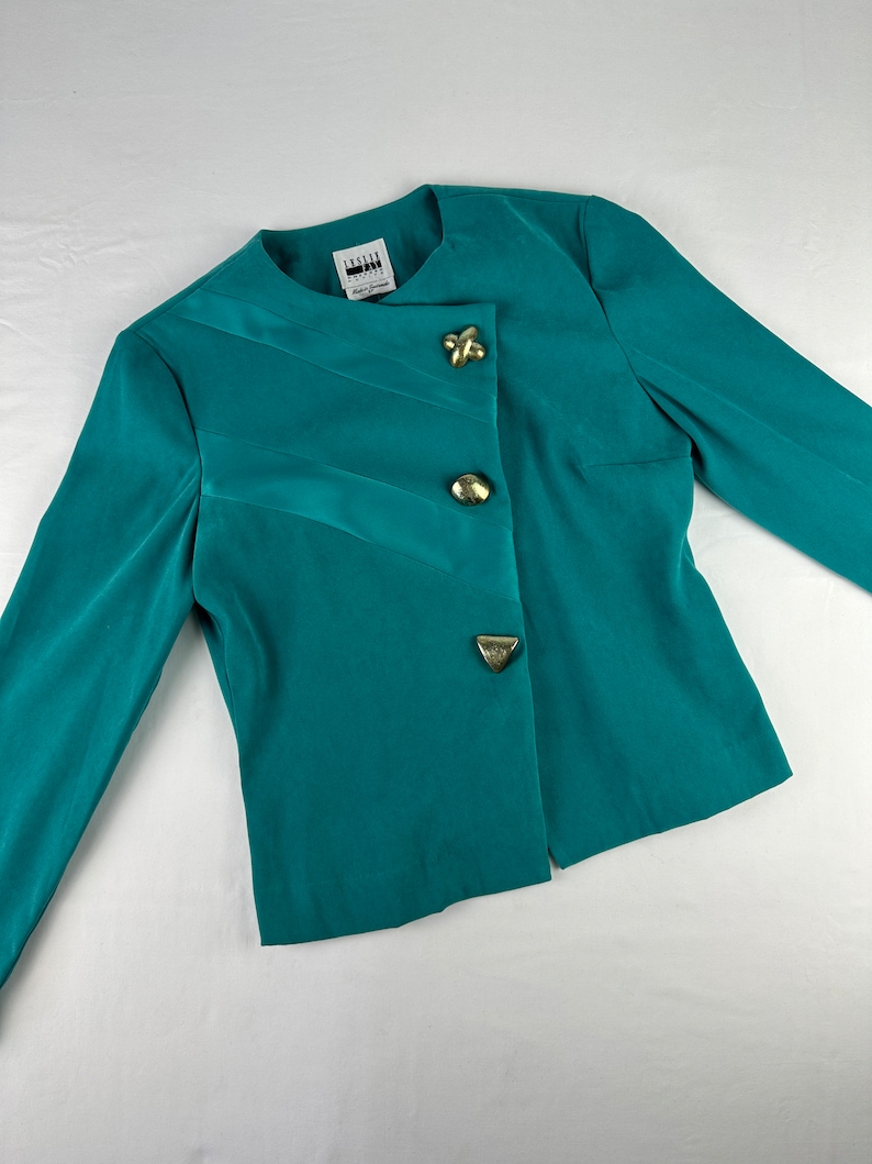 90's Turquoise Asymmetrical Slim Fit Blazer Big Gold Buttons Vintage image 2