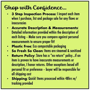 K&ouml;nnte beinhalten: Eine gr&uuml;ne und schwarze Textgrafik mit dem Titel "Shop with Confidence..." und einer Liste von Richtlinien, darunter ein 3-stufiger Inspektionsprozess, genaue Beschreibungen und Ma&szlig;e, plastikfreie Verpackung, eine Garantie f&uuml;r Frische und Sauberkeit, eine R&uuml;ckgaberichtlinie und schneller Versand mit Sendungsverfolgung.
