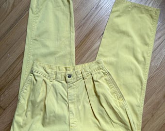 80's Bright Butter Yellow High Waist Pleated Trouser Pants Vintage