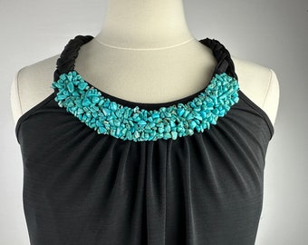 Y2K Turquoise Embellished Black Halter Top Tunic 2000's Vintage