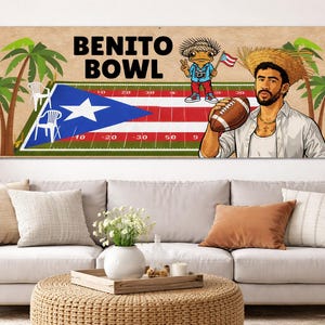 May include: A rectangular sign featuring the text "BENITO BOWL" above a football field design. The field incorporates the Puerto Rican flag and cartoon illustrations of a frog and a man holding a football.