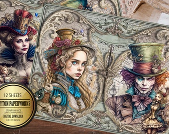 Steampunk Alice in Wonderland Junk Journal Pages, Junk Steampunk Alice in Wonderland Junk Journal Pages, Junk