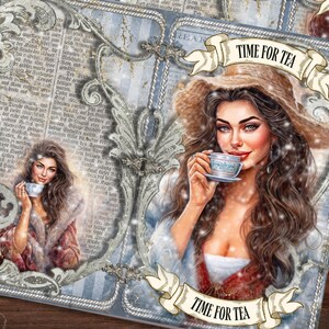 Elegant Winter 'Time For Tea' Junk Journal Pages, Vintage, Christmas, Printable, Paper, Ephemera, Digital Download